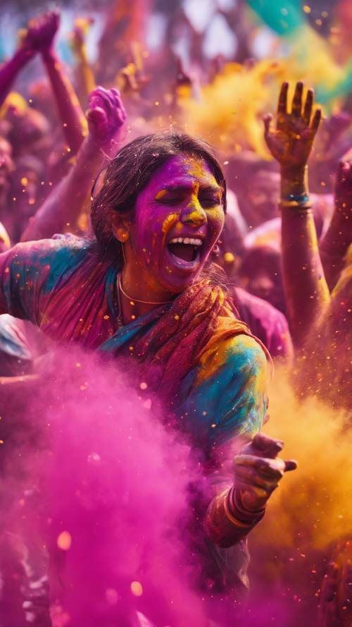 Une peinture jubilatoire d’un festival Holi coloré qui bat son plein.