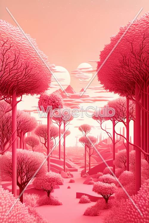 ピンクの森の風景と浮かぶ山々