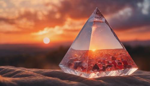 A pyramid-shaped clear quartz catching the fiery colors of sunset. Tapet [7e293c237c734c35ae8b]