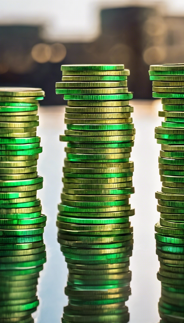 Shiny green coins stacked with precision, reflecting the morning light. Tapeta[f6c2dde24d554aa6bfdc]