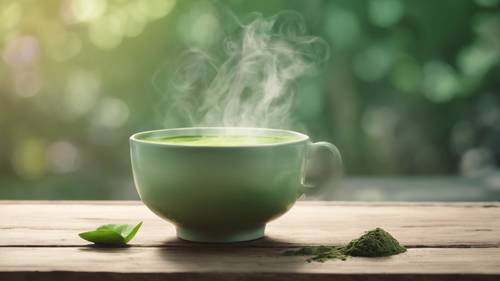 Cangkir teh hijau pastel lembut berisi matcha panas mengepul, diletakkan di atas meja kayu.