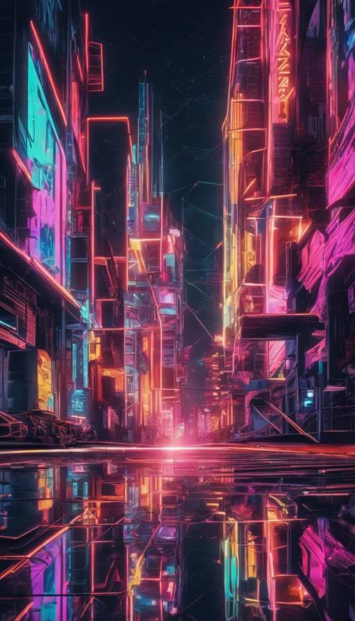 A glowing neon cityscape at night with distorted geometrical shapes hovering in the sky. Ფონი [11033f32a27041bd8559]