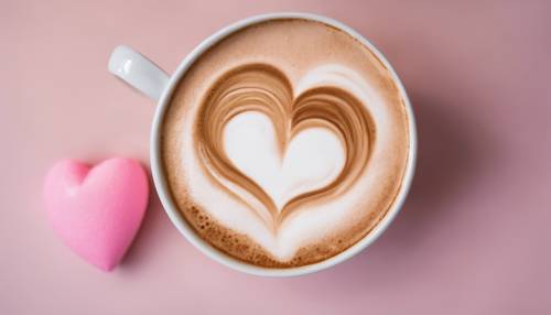 Một ly cappuccino sủi bọt nhìn từ trên cao với nghệ thuật tạo bọt hình trái tim màu hồng nhạt.