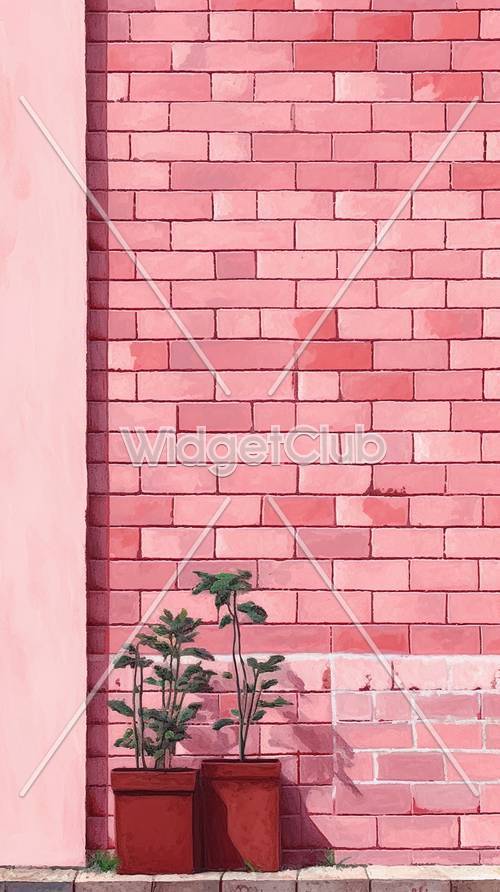 ピンクのレンガ壁に緑の植物