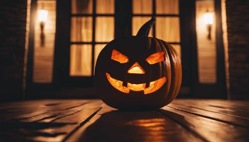 An unsettling jack-o'-lantern illuminating a dark porch at Halloween night.