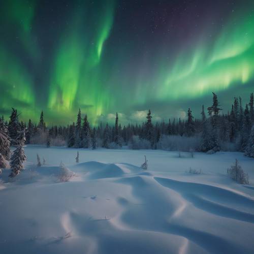 Северное сияние (Aurora Borealis) величественно танцует над тихим заснеженным пейзажем.