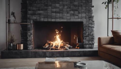 An elegant fireplace crafted from dark gray bricks with a roaring fire.