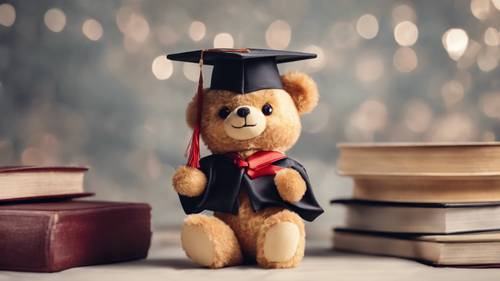 Miś w czapce ukończenia szkoły i trzymający dyplom, symbolizujący sukces akademicki.