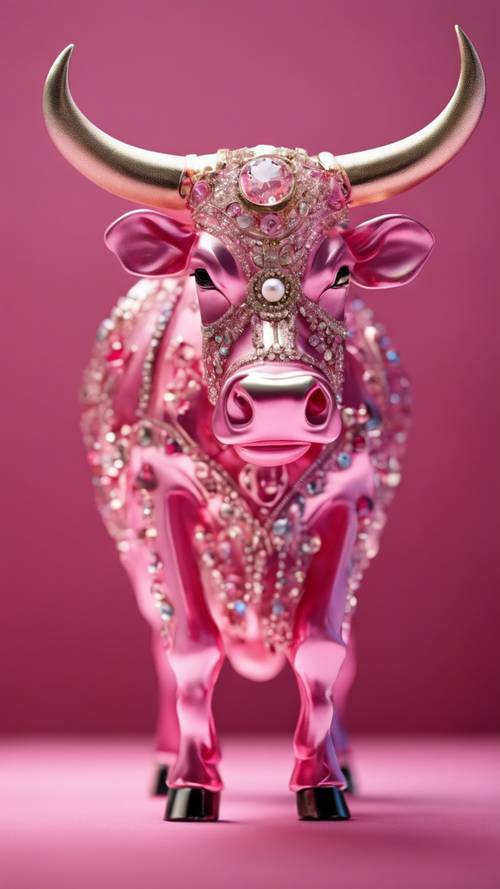 Uma vaca rosa enfeitada com joias como inspiração para uma joalheria de alta costura.