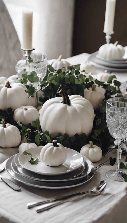 Scandinavian-inspired Thanksgiving table decor using white pumpkins, English ivy, and simple ceramic dishes for a monochrome look. Tapeta [0e592c7c11094409b0f7]