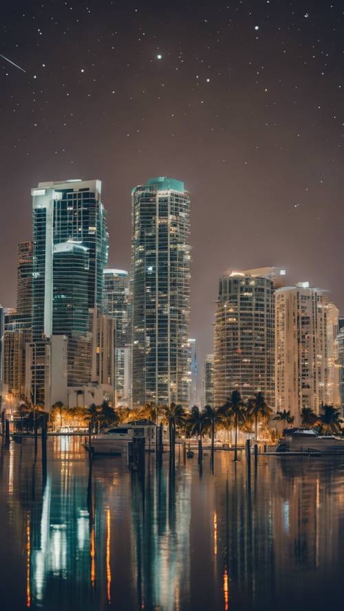 A night view of Miami’s skyline, reflected in the calm waters of Biscayne Bay, under a starry sky.