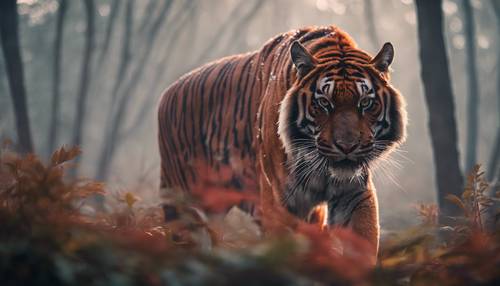 A red tiger emerging from the misty forest at dawn. Wallpaper [0cf13b2ce66a4134966c]