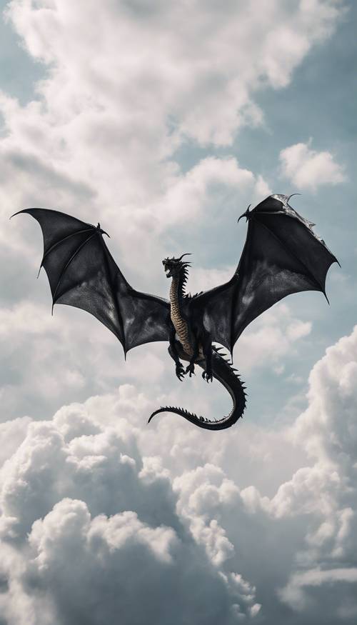 Величественный дракон с черной чешуей парит по небу, покрытому белыми облаками.