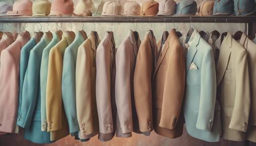 Retro leisure suits in soft pastel colors hanging in a vintage shop.