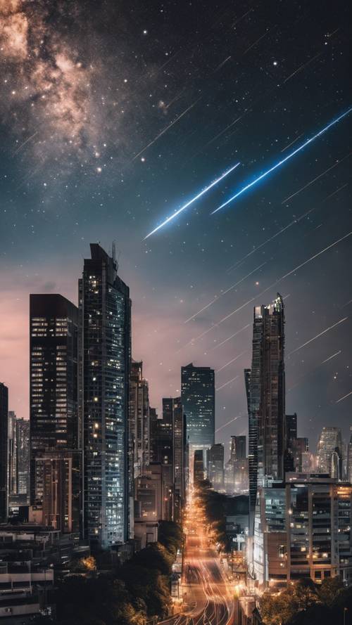 El horizonte de una ciudad contra un cielo estrellado con una racha de meteoritos.