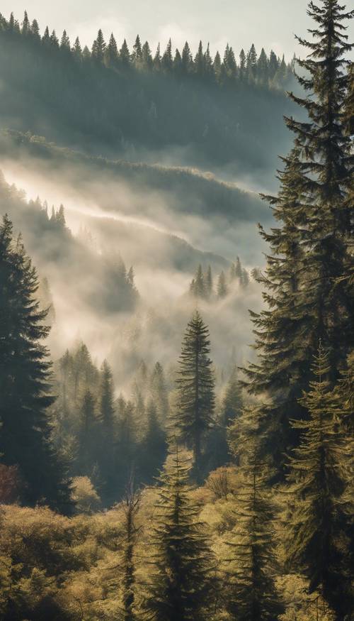 Una tranquilla scena di montagna, incorniciata da sempreverdi e nebbia, baciata dal sole mattutino.