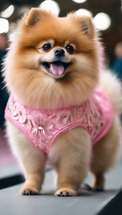 一隻驕傲的粉紅博美犬在燈光明亮的T台上自信地昂首闊步。