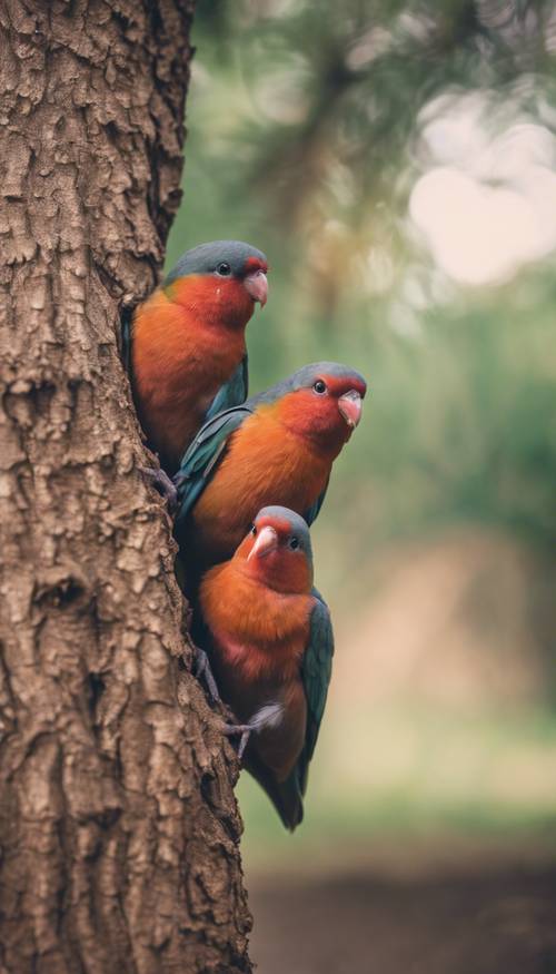 Two lovebirds leaning against a heart-shaped tree trunk. Тапет [b2de498fe8754f7cac62]