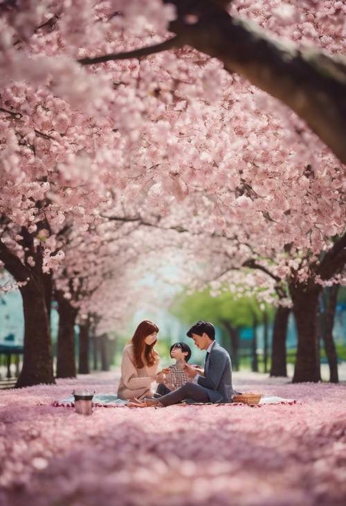 Una pareja haciendo un picnic bajo un cerezo en flor, mientras la fresca brisa primaveral agita los pétalos.