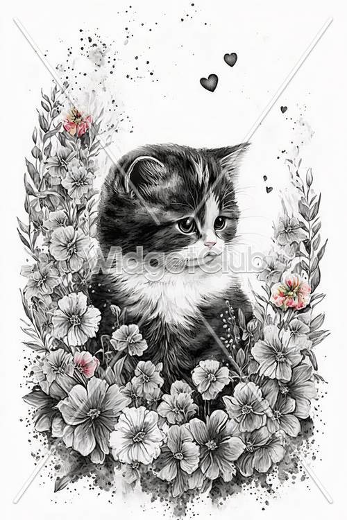 꽃 사이에 있는 귀엽고 푹신한 고양이