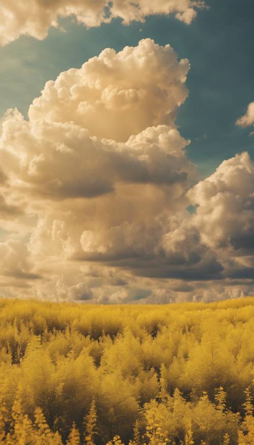 Un paesaggio da sogno sotto un cielo pieno di soffici nuvole gialle.