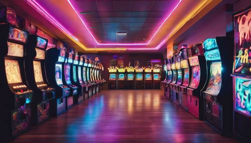 Retro salon gier wideo z wielobarwnymi neonami.