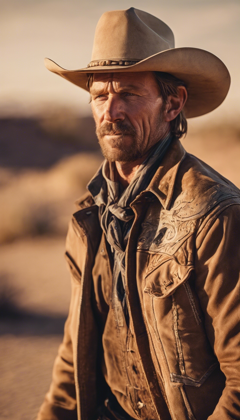 A rugged cowboy wandering through the dry, dusty deserts of Midwestern America, squinting into the setting sun. วอลล์เปเปอร์[7025e4438b03471fbdc1]