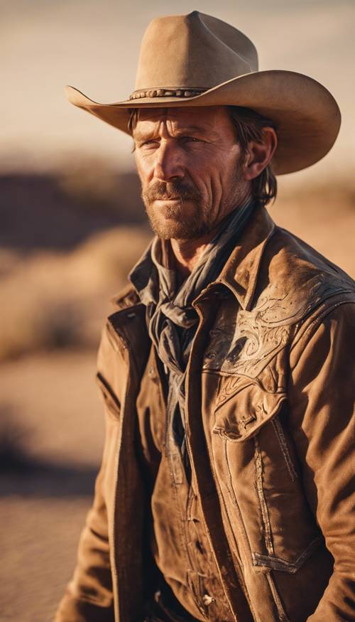 Ein schroffer Cowboy wandert durch die trockenen, staubigen Wüsten des Mittleren Westens der USA und blinzelt in die untergehende Sonne.