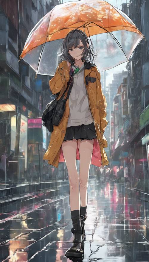 Seorang gadis anime remaja, mengenakan jaket dan sepatu bot trendi, berjalan di bawah payung transparan di trotoar basah.