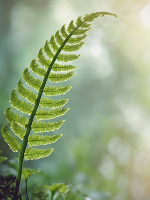 Ein zartes, sich entfaltendes Farnblatt mit dem Zitat „Betrachte die Lilien, wie sie wachsen“.