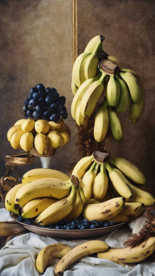 A renaissance still-life painting with bananas incorporated tastefully.
