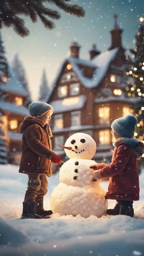 Una postal navideña antigua que muestra a niños haciendo un muñeco de nieve con un pintoresco pueblo y un árbol de Navidad como telón de fondo.