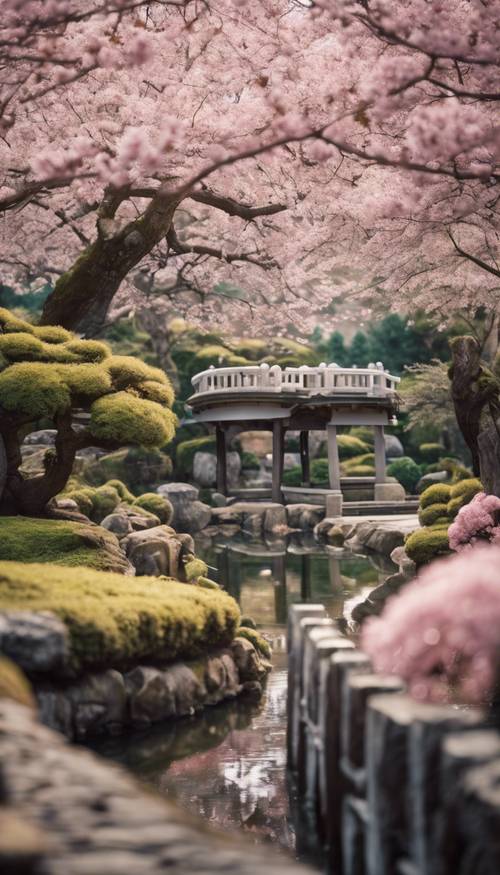 גן יפני מסורתי שליו בעונת פריחת הדובדבן.
