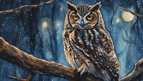 A highly-detailed dark watercolor painting of an owl perched on a tree branch in the night.