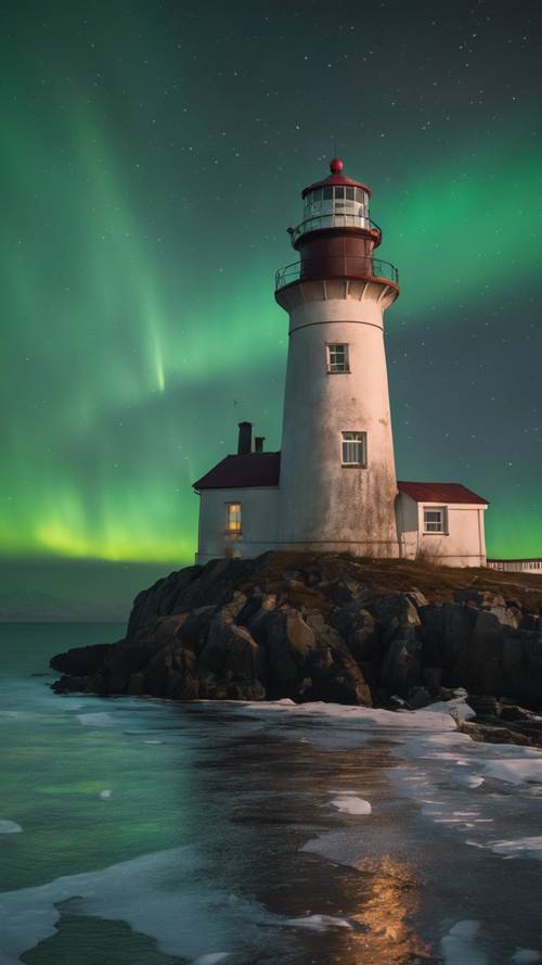An old lighthouse casting light into the sea under the spellbinding view of the Northern Lights