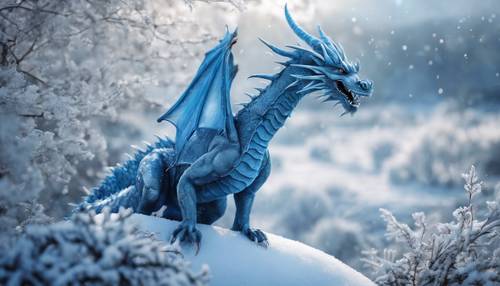 Un dragón azul con aliento helado, en un panorama invernal nevado.