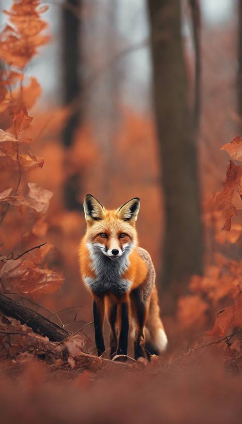 Dipinto raffigurante una volpe rossa che si aggira nel sottobosco color arancione bruciato della foresta autunnale.