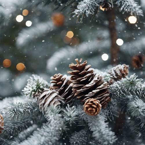 A rustic Christmas tree made of lightly frosted branches and decorated with pinecones and bird feathers. Tapet [957b88d3a8ba42af9f7f]