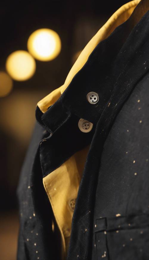 Uma camisa de linho preta com punhos franceses exposta sob as quentes luzes amarelas da loja.