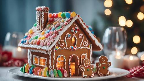 An adorable gingerbread house, decorated with colorful candies, on a dining table set for Christmas dinner.
