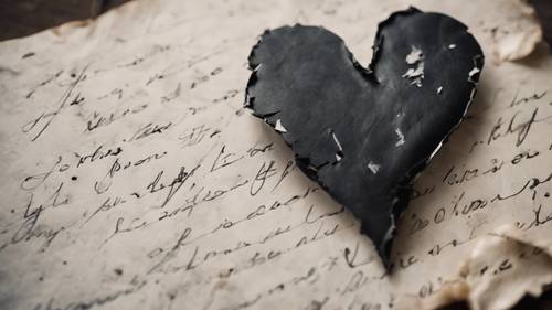 Eski, el yazısıyla yazılmış bir aşk mektubunun üzerinde duran, yıpranmış siyah bir kalp ve cilalı beyaz bir kalp.