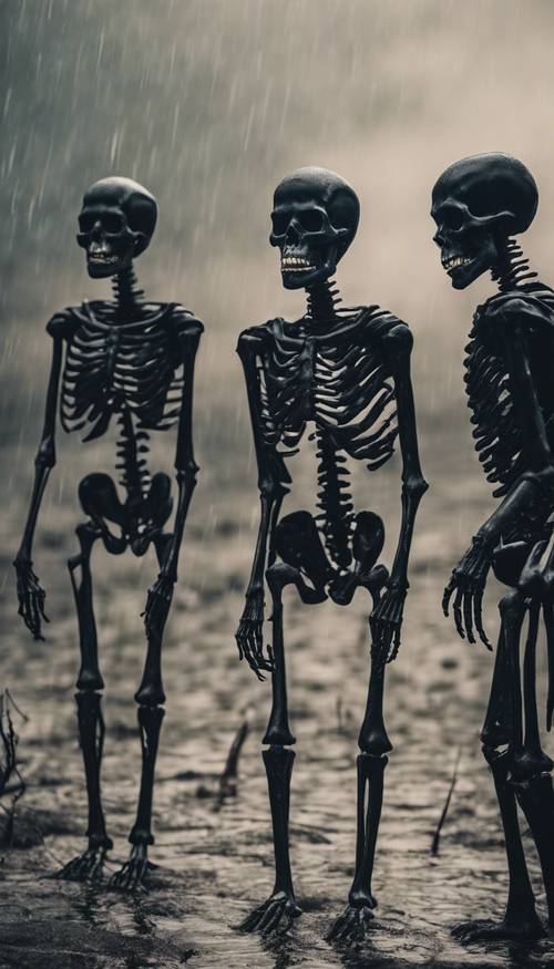 Grupa czarnych szkieletów sugerujących mrożącą krew w żyłach scenę podczas burzy.