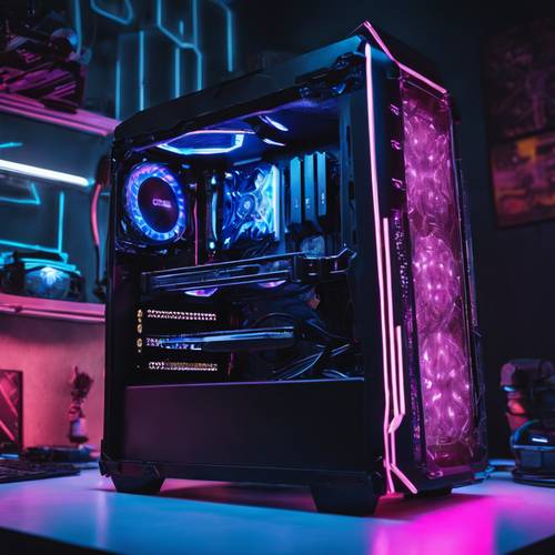 A cyberpunk-style black gaming PC with neon blue LED lights.
