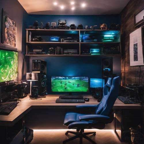 Una sala de juegos de temática azul con una plataforma de juegos iluminada en verde en la oscuridad.