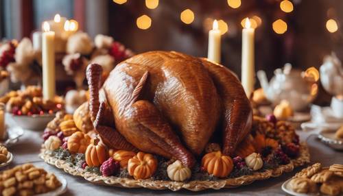 A cute, handmade woolen turkey centerpiece surrounded by Thanksgiving treats on a dessert table.