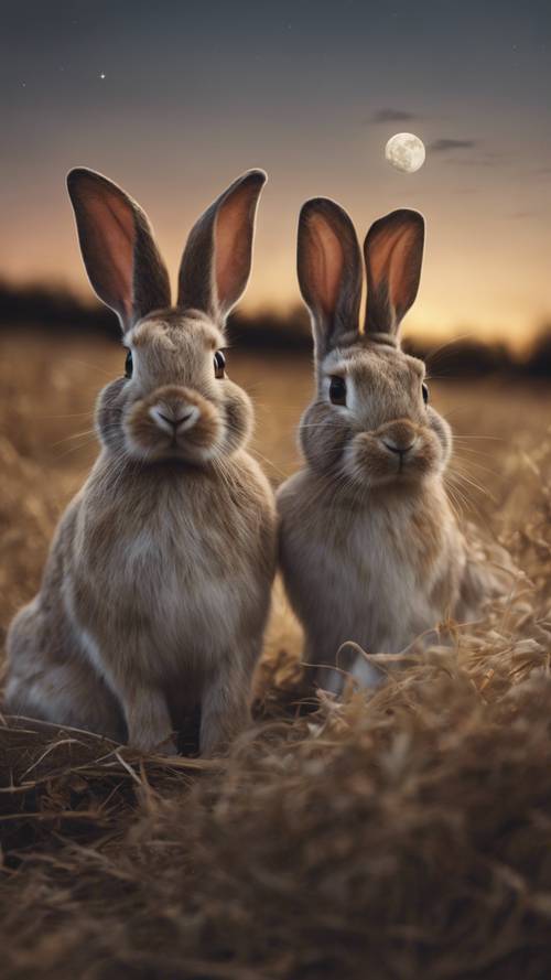 Một nhóm hai con thỏ tựa vào nhau trên cánh đồng trống dưới ánh trăng rằm.