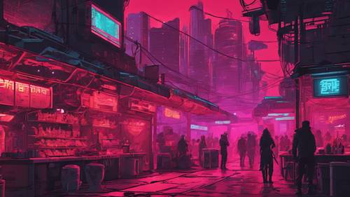 Un concurrido mercado ciberpunk bajo espeluznantes luces rojas y oscuros edificios negros.
