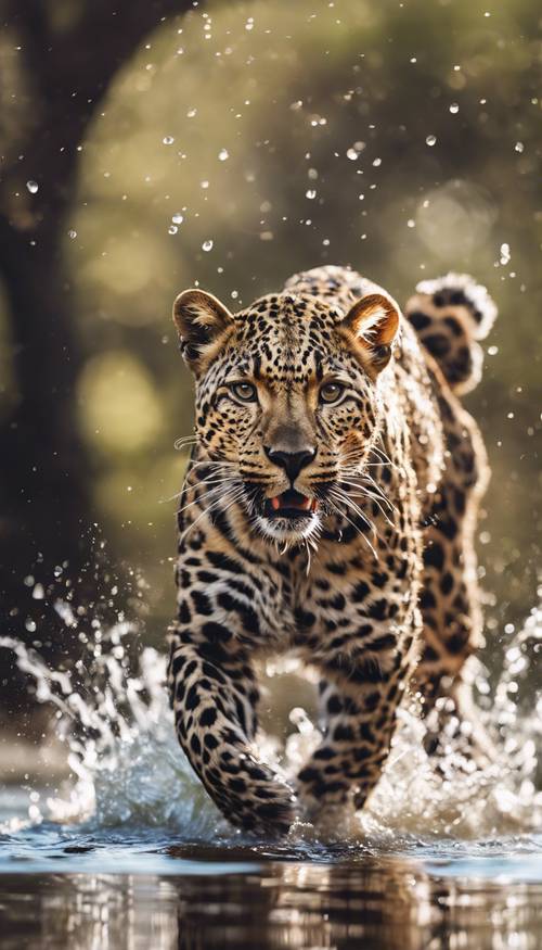 Um leopardo brincalhão mergulhando em um riacho reluzente.