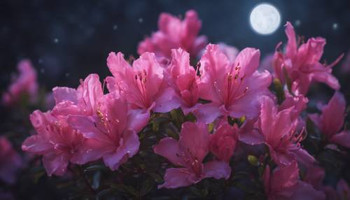 ציור עדין של פרחי אזליה תחת אור הירח.