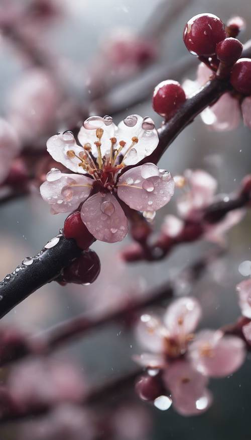 Крупный план цветения черной вишни с каплями утренней росы